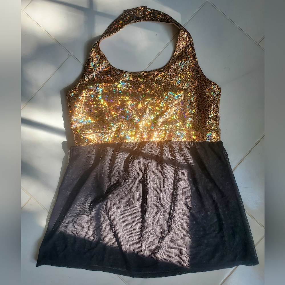 Gold Holographic Crackle Halter Top Sports Bra Sheer Mesh Black CC Dancewear